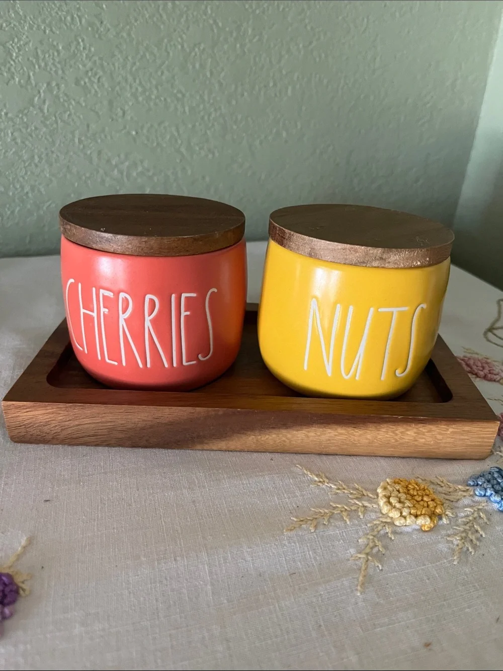 Rae Dunn Ceramic Pantry Jars – NUTS & CHERRIES – Yellow & Coral